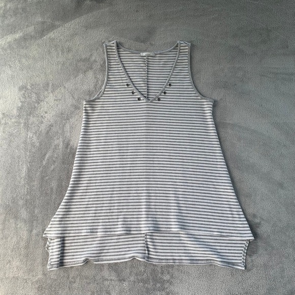 Acemi Tops - Striped Tank Top V-Neck Gray White Sleeveless Casual Cute Layered Hem Rib Knit S